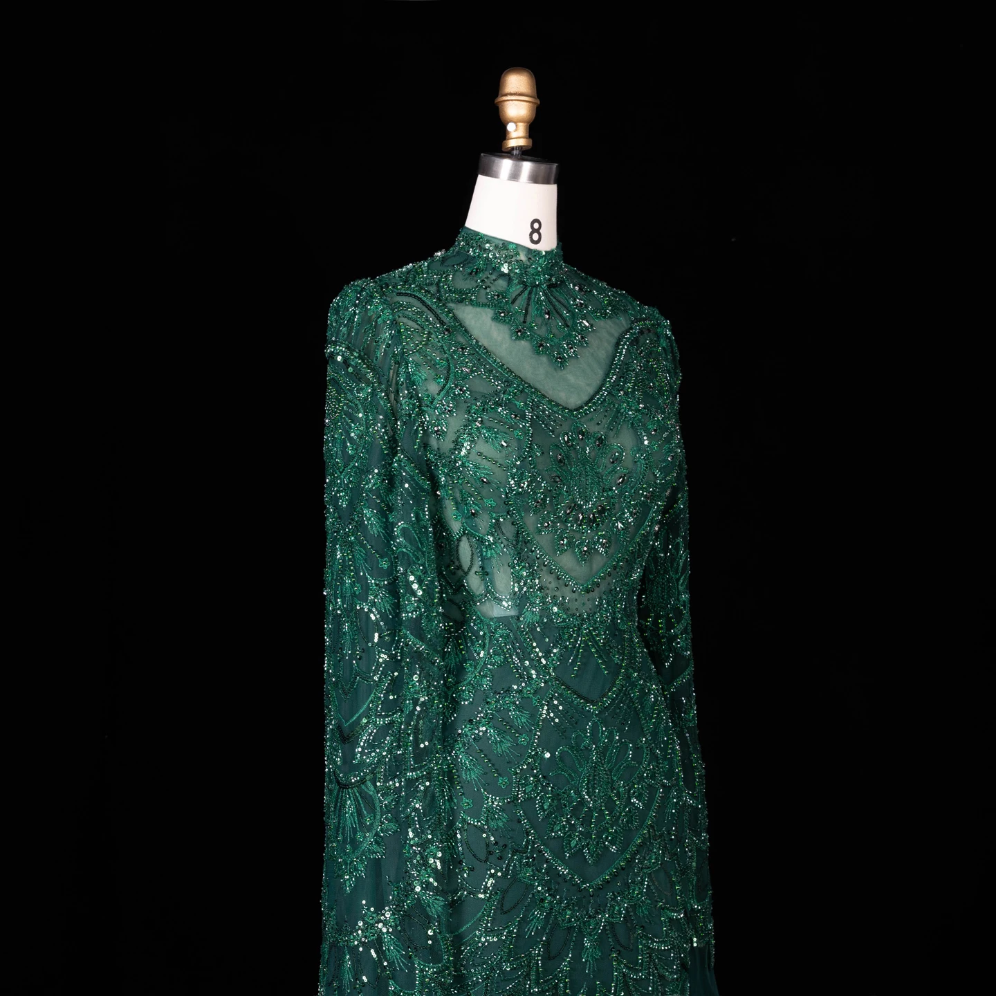 Sharon Said Abendkleider Luxuriöses Meerjungfrauenkleid aus grünem Tüll mit Perlen, transparentem Korsett und hohem Kragen, Dubai Formelles Partykleid SS017 Maßanfertigung – Detail 9