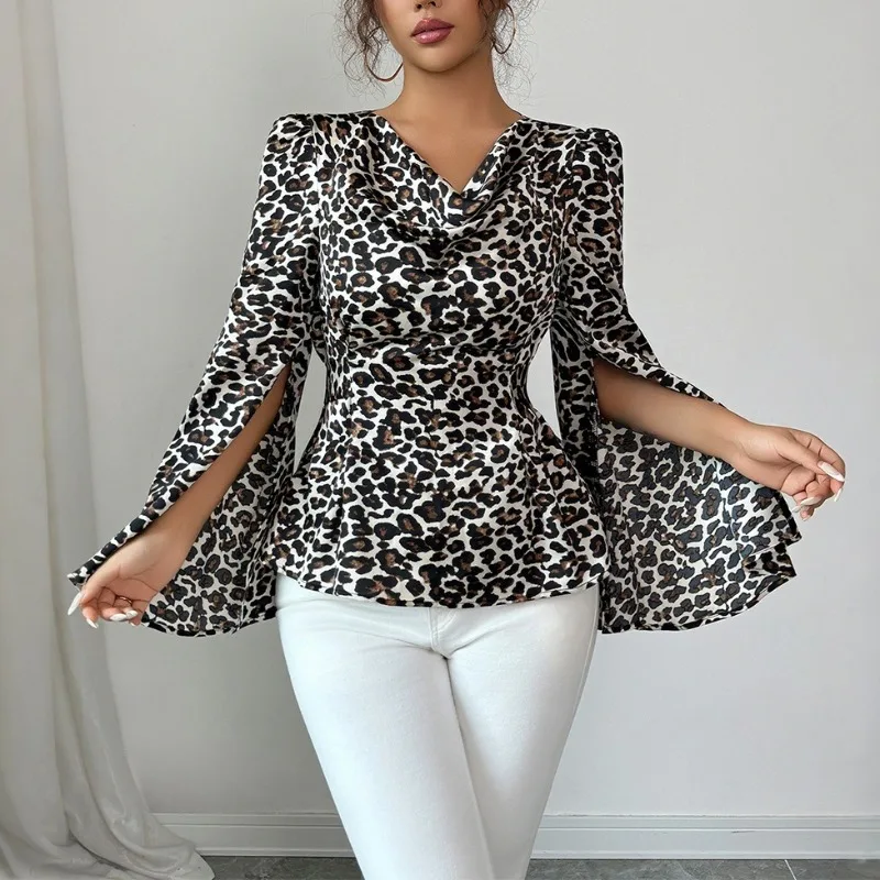 

Элегантные женские блузки с леопардовым принтом Gymystars, топы с распашным воротником, модные свободные женские трендовые рубашки с разрезом для повседневной носки