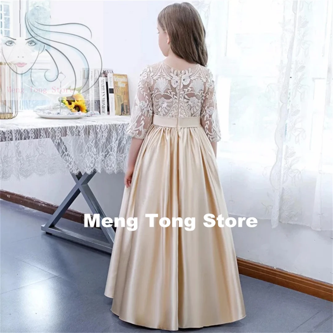 Flower Girl Dresses Champagne Satin White Flory Pattern Half Sleeve For Wedding Birthday Party Banquet Princess Gowns