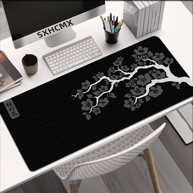 لوحة ماوس مطاطية فاخرة من ساكورا باللون الأسود، كبيرة غير قابلة للانزلاق ومقاومة للماء، لوحة مفاتيح احترافية بحافة قفل للكمبيوتر