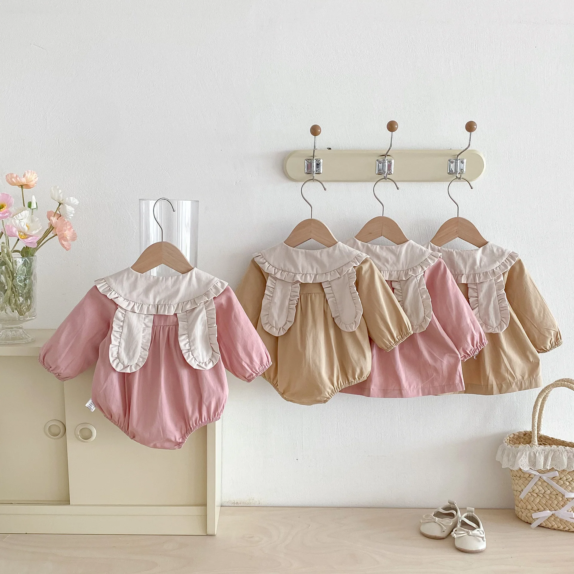 2025 Autumn New Baby Girl Long Sleeve Solid Bodysuit Cotton Girls Cute Lace Lapel Dress Infant Toddler Sisters Clothing 0-24M