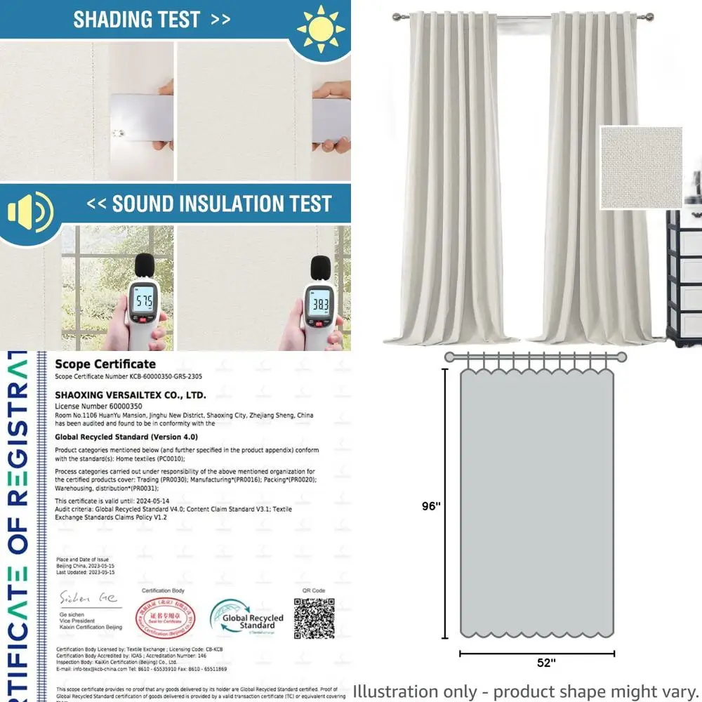 

100% Blackout Linen Curtains for Bedroom 96 inch Light Blocking Drapes with Double Face Linen Back Tab Loop Pocket Textured Burl