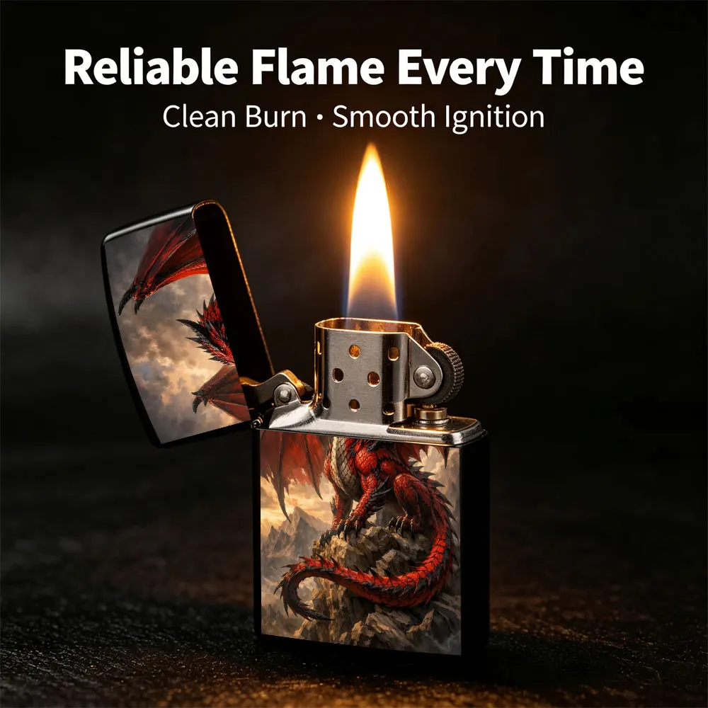 Pocket Lighter, Flip-Top Windproof Design, Metal Case, Red Dragon on Rock Print, Ergonomic Grip, Portable & Durable