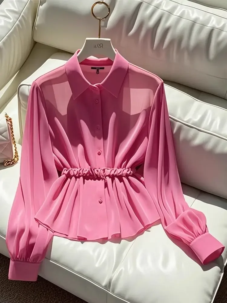 

Fashion Versatile Design Shirt and Shirt Early Autumn New Western-style Long Sleeved Waist Cinched Top with French Temperament