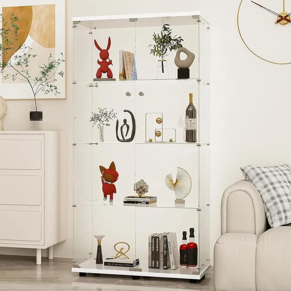 Quick-Install Glass Door Lockable Display Cabinet, 4-Shelf Curio with Tempered Glass, Ideal for Living/Bedroom (65 x 32 x 14, Wh