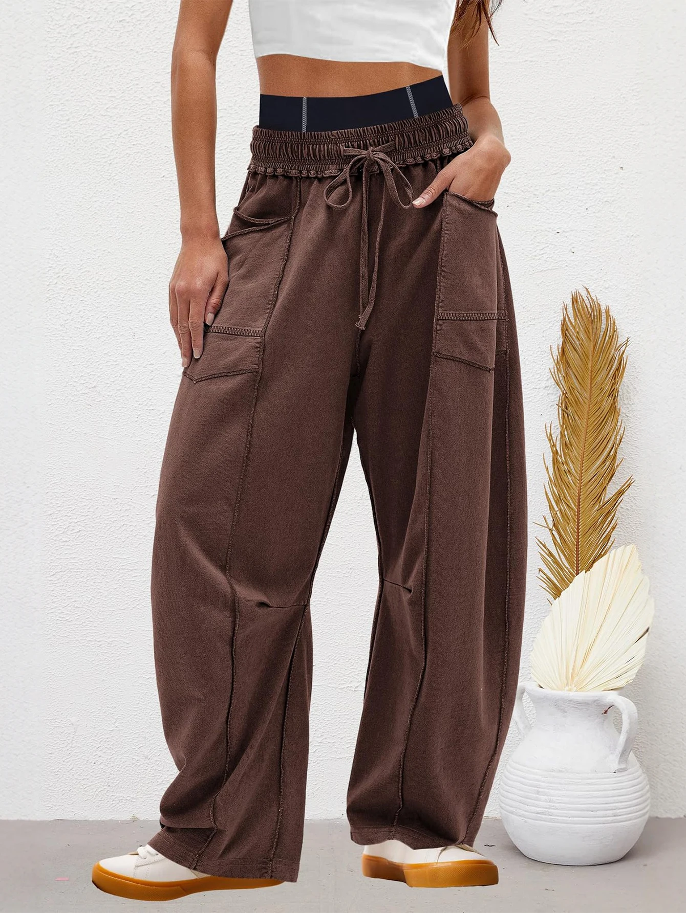Casual damesbroek met wijde pijpen Herfst Winter Trekkoord Effen Volledige lengte Dagelijks Basic met zakken