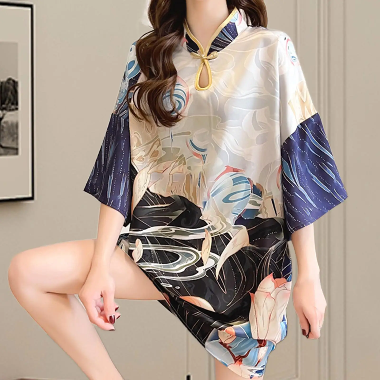 Women Cheongsam Dress Chinese Qipao Knee Length Trendy Bell Sleeve Casual