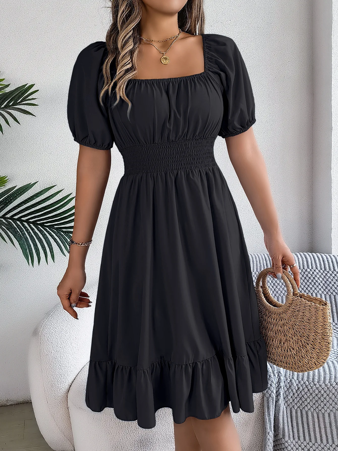 Casual Square Collar Dress Short Sleeved Waist Cinched Ruffle A Line Long Skirt 2025 Summer European American Women's Clothing