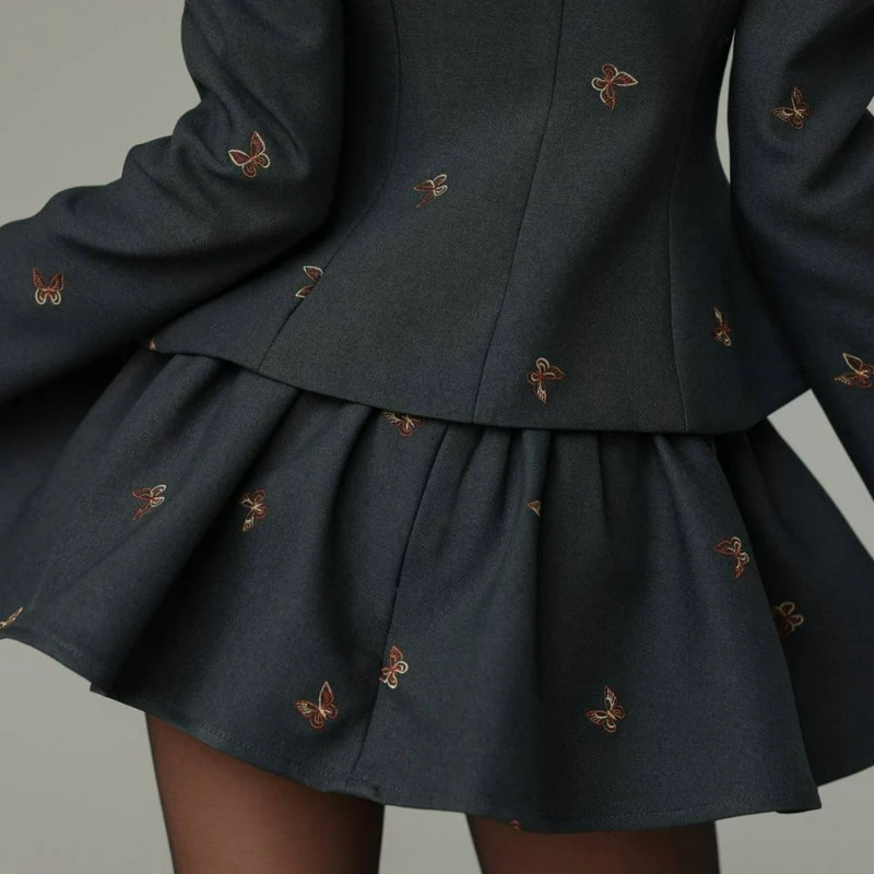 Spring 2026 Fashion French Style Elegant Light Luxury High-end Butterfly Embroidery Cinched Waist Versatile Skirt Suit for Women