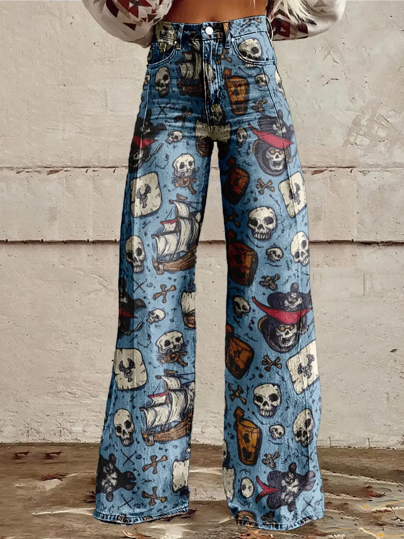 Women's imitation jeans printed with various high waisted flared pants, retro fashion, high and slim, versatile women's jean