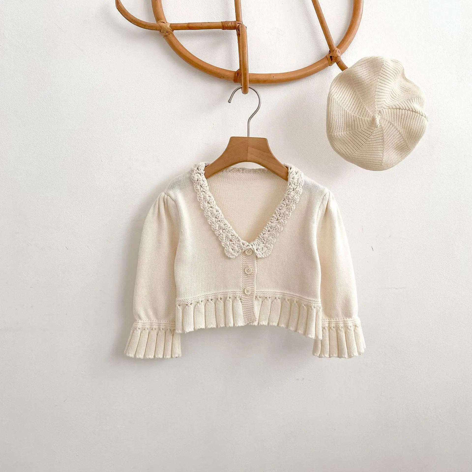Girls Cardigan 2026 Spring Fall Handmade Collar Knit Short Coat Baby Long Sleeve Trendy Sweater