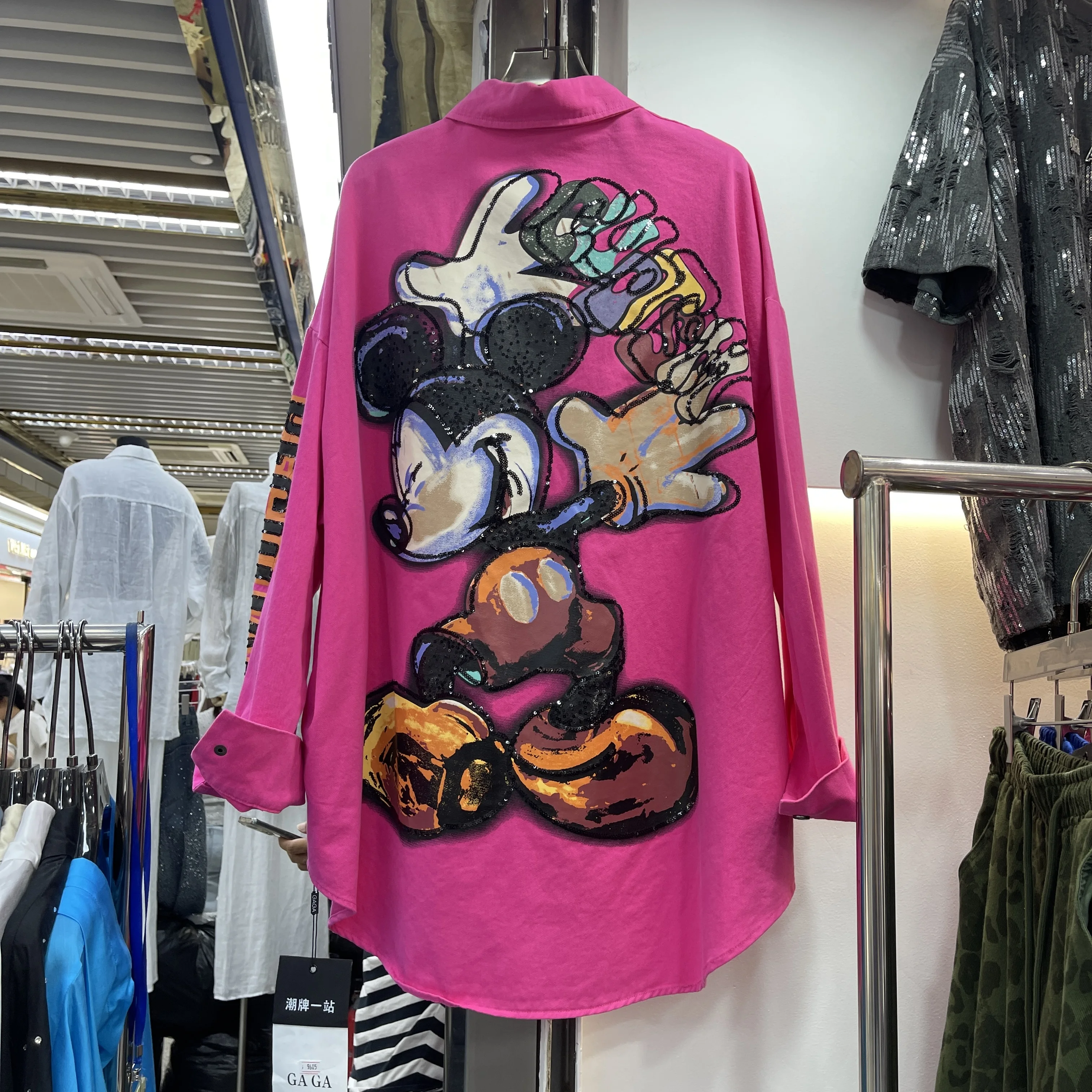 European Shirt Women's 2025 New Boy Friend Style Casual Heavy Industry Printed Sequins Cartoon Shirt Top Tide Black Thin Jacket