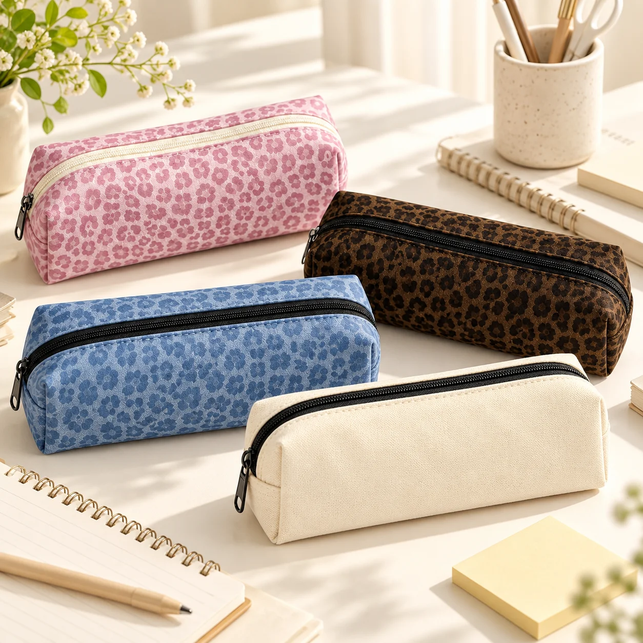 Printed Pencil Case Portable Zipper Pen Pouch Floral Leopard Stationery Organizer School Office Study Travel Storage Bag