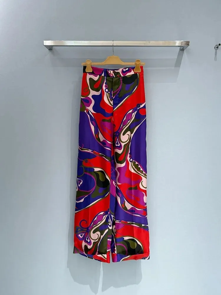 Spring Summer Fashion Vintage Casual Geometric Print Silk Pencil Trousers Women's Middle Waist Slim Pocket Straight Barrel Pants