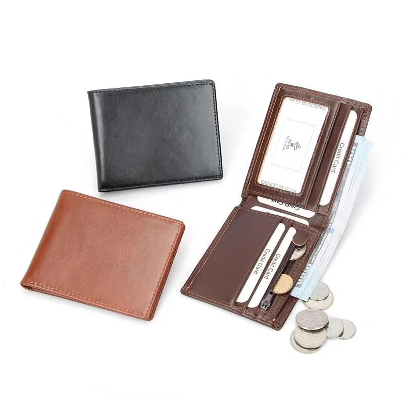 Genuine Top Layer Cowhide Wallet for Men Women RFID Blocking Vintage Oil Wax Leather Small Purse with Zipper Coin Pocket