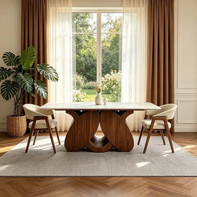&c Designer Rectangular Marble Dining Table Solid Wood Pedestal Base Modern Nordic Luxury Dining Room Furniture for Apartment