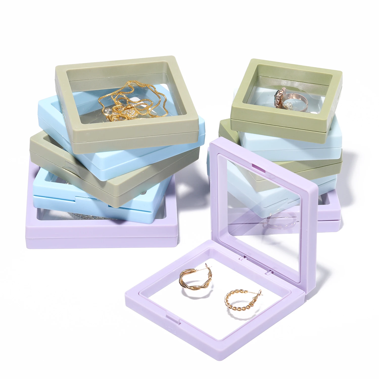 

Multicolor PE Film Jewelry Storage Box 3D Packaging Case Floating Frame Membrane Ring Earrings Necklace Display Holder