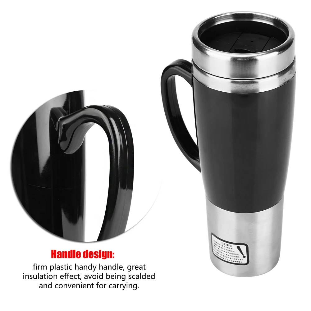 12/24V Heating Cup, 450ml Car Electric Stainless Steel Heating Cup Coffee Tea Drinking Cup Mug Black for Winter Travel