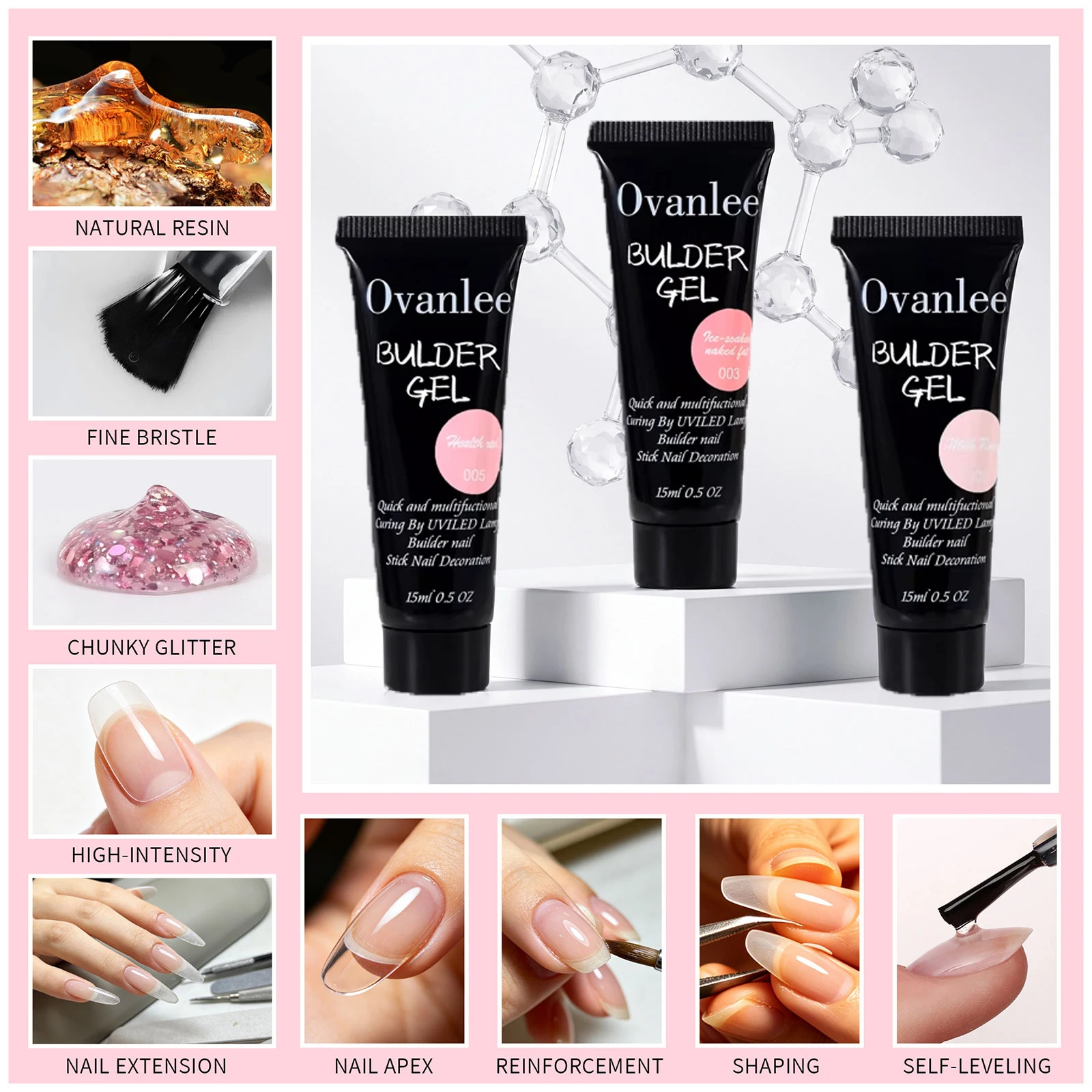 Ovanlee 10pcs gift box packaging,Builder Gel, Nail Cleanser, Base Coat, Bonder, Top Coat, UV/LED Nail Lamp, Nail Forms