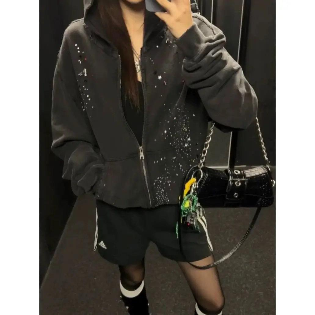 Men Hooded sweatshirt Distressed Vintage Hoodie Coat Rhinestone Sweatshirts Zipper Streetwear Autumn Winter 2026 Jackets