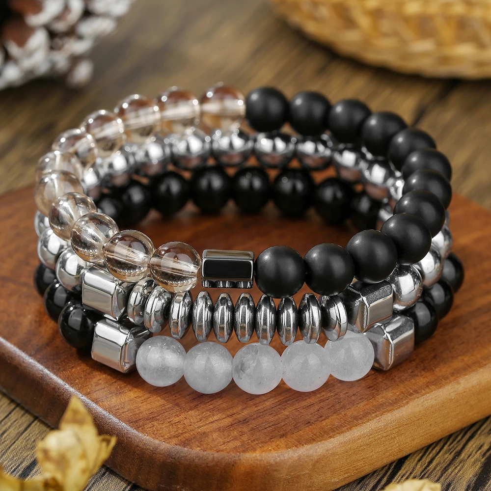 

Vintage Punk Black Frosted Stone Hematite Natural Stone Beaded Bracelet Set For Men Multi-layer Stacked Bangle Jewelry