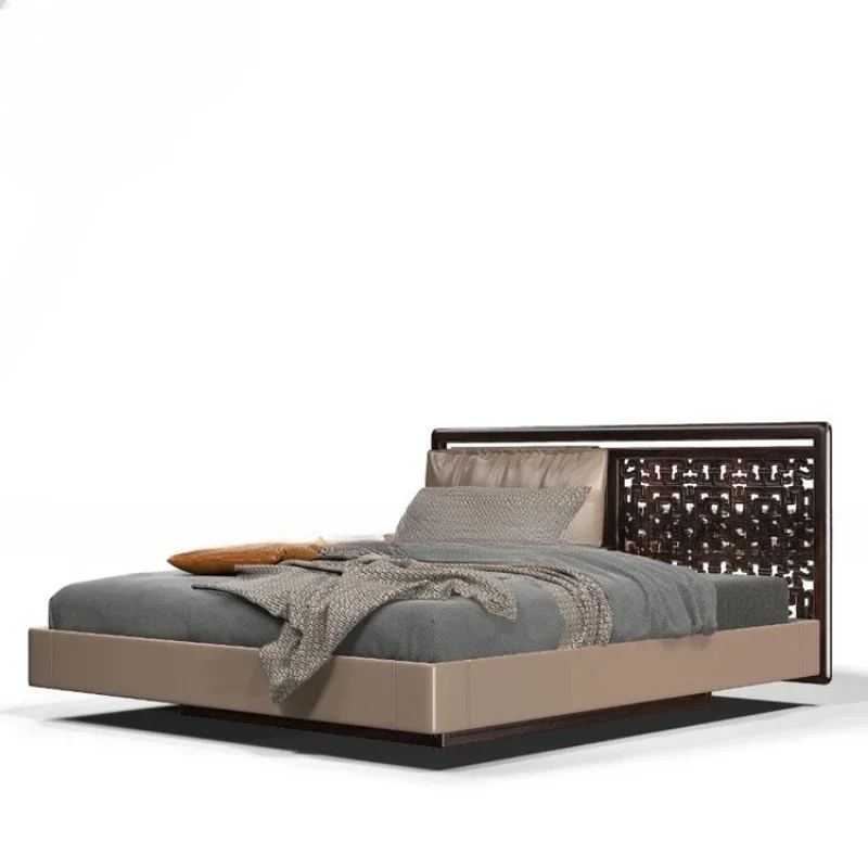 

Modern pure solid w ood lig ht luxury solid wood be d carved do uble b ed villa m odel room ma ster