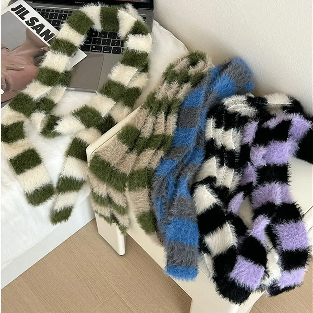 Women\'s Cashmere Clashing Stripes Scarves Winter Warm Knitting Outdoor Scarf Luxury Mohair Shawl Decorative Clothing Accessories