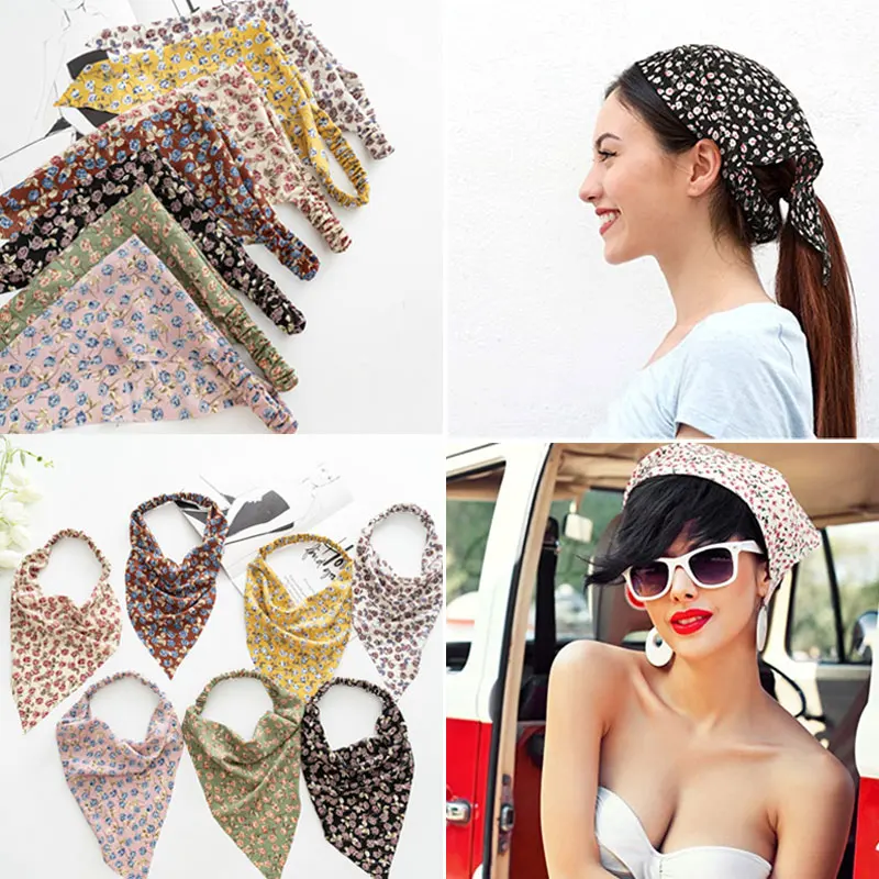 Printting Hair Scarf Scrunchies Vintage Triangle Bandanas Hairband Headband Without Clips Elastic Hair Bands Headwrap Accesories