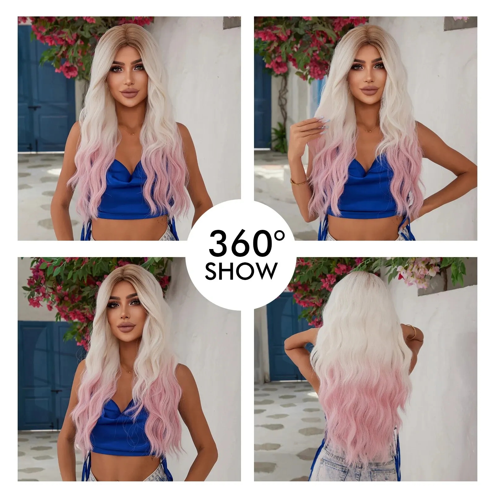 Eleganckie peruki syntetyczne Ombre White to Pink Color Water Wavy Curly Wig dla dziewcząt i kobiet Naturalne włosy Codzienne użytkowanie Cosplay