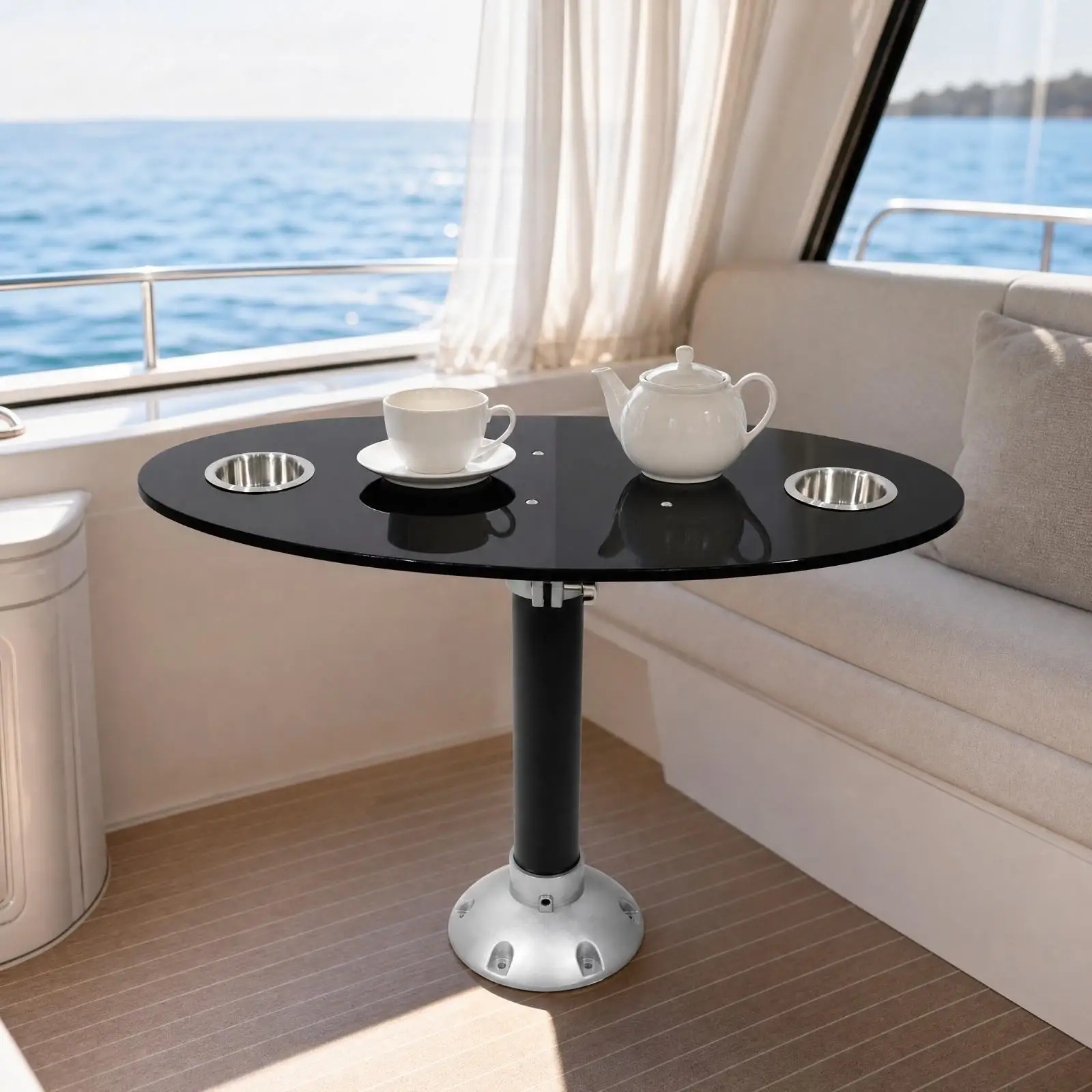 Oval Acrylic Yacht Table with Reinforced Base and Locking Height Adjustment for Boat Deck Outdoor Serving