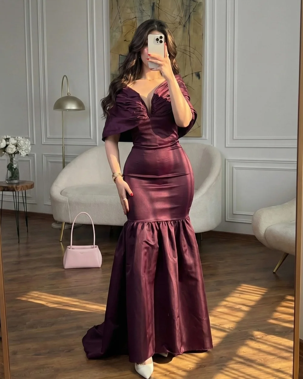 맞춤형 버건디 심플 고급 플리츠 드레이프 머메이드 오프숄더 롱 드레스 이브닝 드레스 다양한 사이즈 제공 레트로