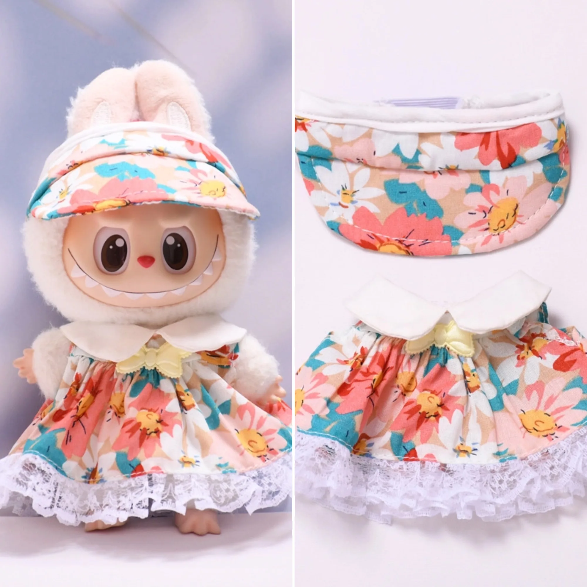 

Clothes For Labubu Cute Floral Print Dress Set With Lace Trim Doll Collar And Visor For 15/17cm Labubu Dolls 1st-3rd Generation