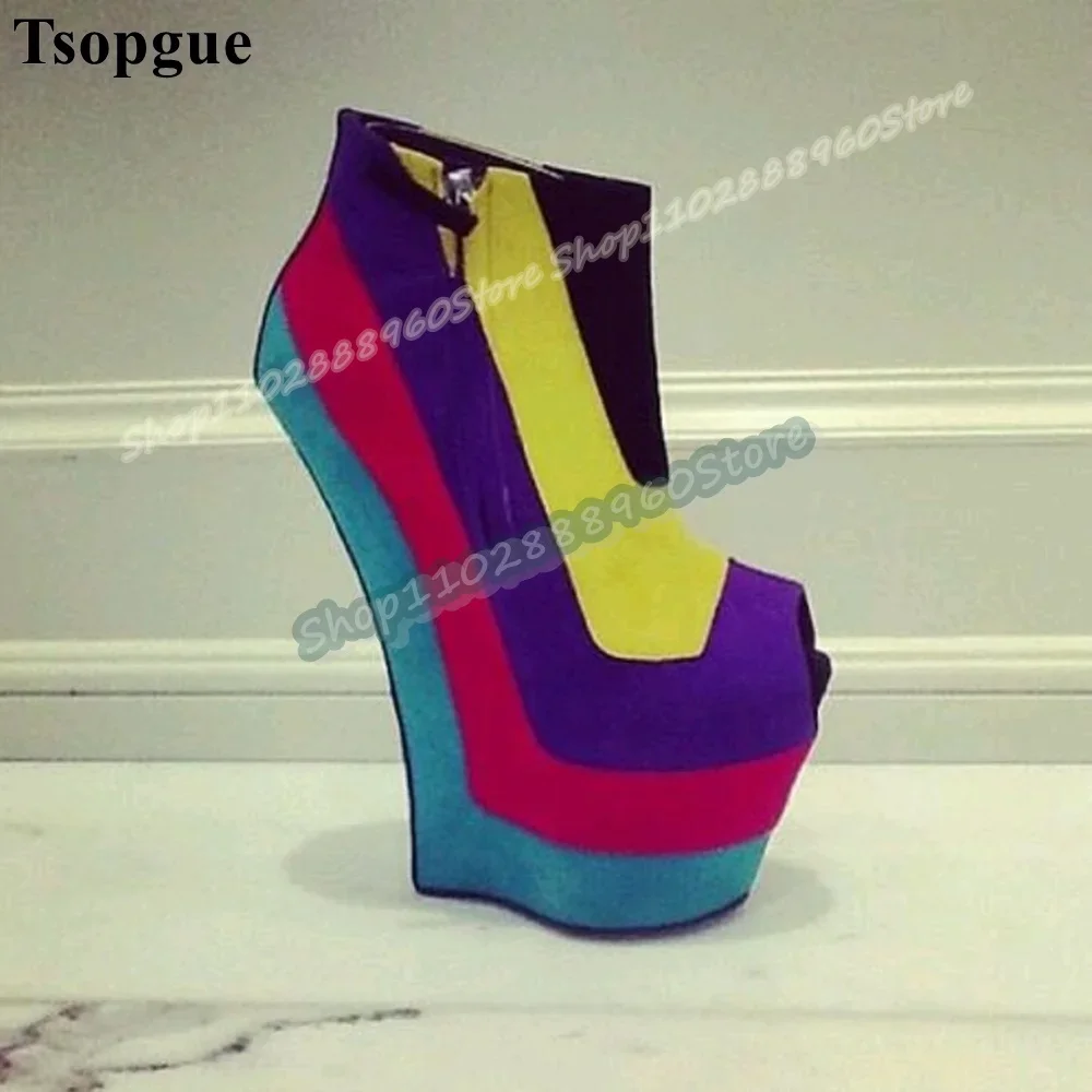 

Mixed Flock Platform Splicing Ankle Boots Strange Style Heel Women Shoes Side Zipper Peep Toe Casual Party Stylish Women Shoes