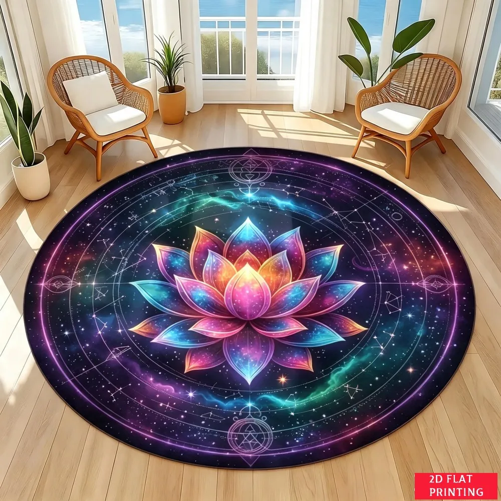 Celestial Rainbow Lotus Galaxy Mandala Cosmic Energy Round Rug For Meditation Space Featuring Spiritual Aura Carpet Glow