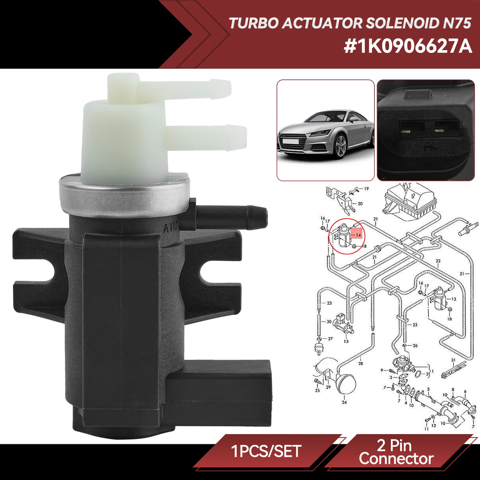 Zawór ciśnieniowy sterowania podciśnieniowego Turbo Solenoid N75 do VW T5 Transporter 1.9, 2.0 i 2.5 TDI Audi A3 A4 1 k0906627a 1 k0906627b