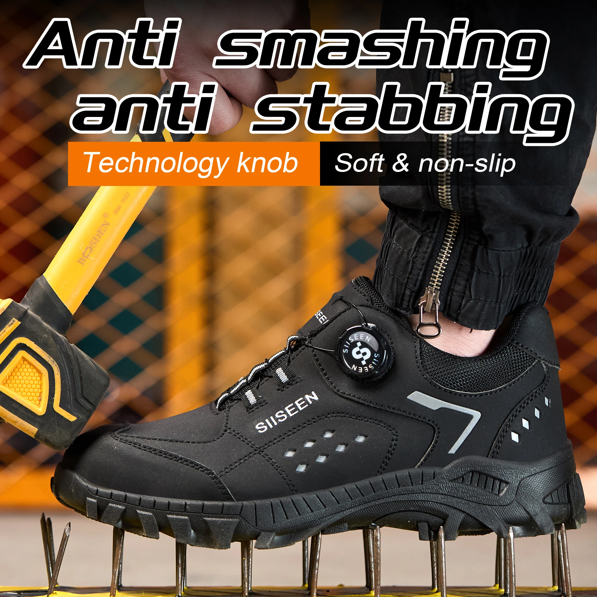 New Rotating Buckle Safety Shoes: Impact-Resistant and Puncture-Resistant, with Rubber-Plastic Soles—Lightweight and Lace-Free