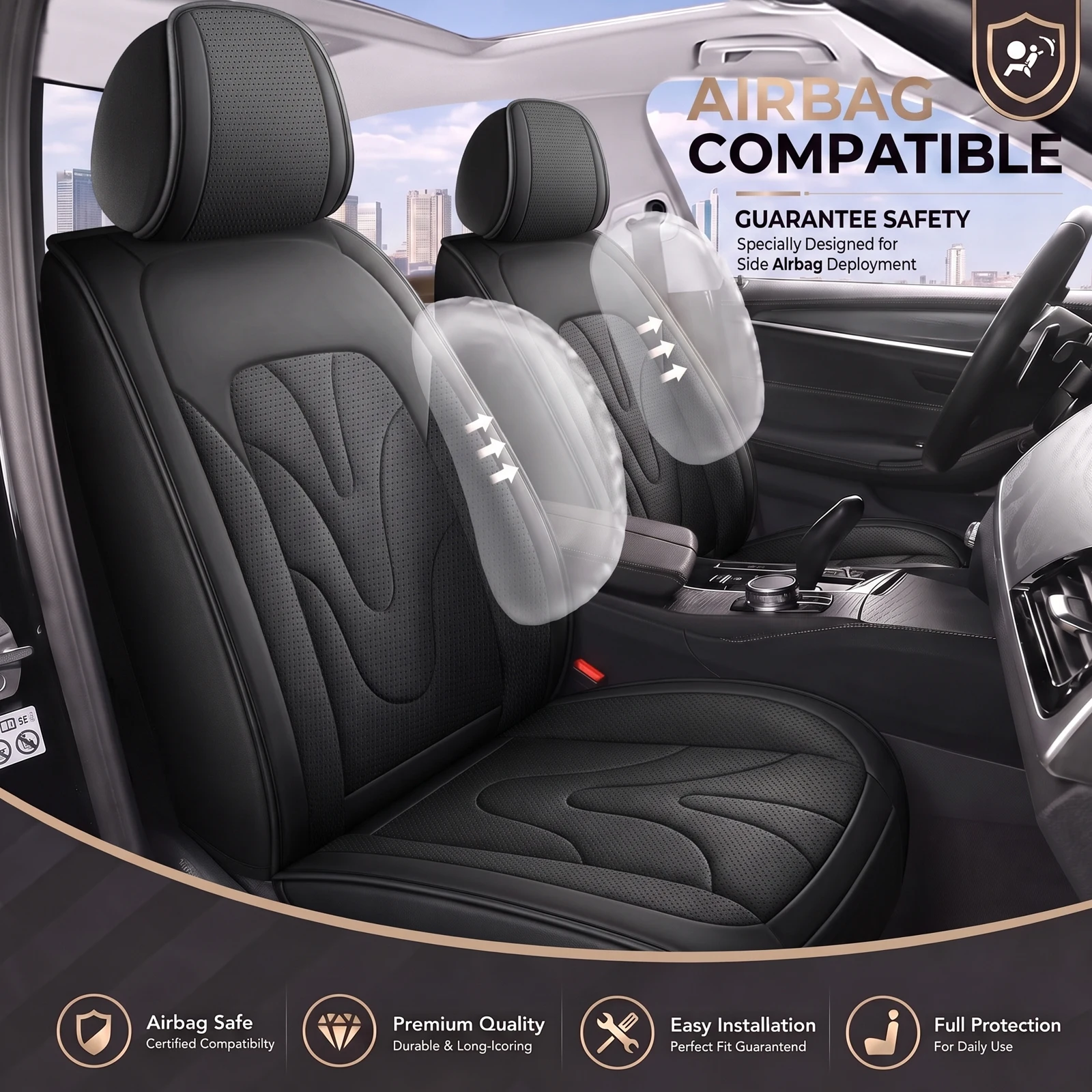 Car Seat Covers For Nissan Waterproof PU Leather Set of 5 Front Rear Seats Black Breathable Full Set with Storage Pouch Interior Auto Accessories