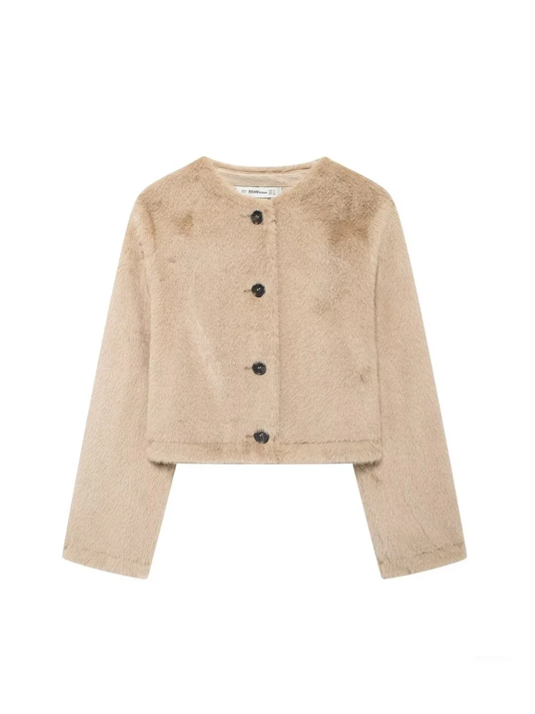 

Женская шикарная короткая куртка из искусственного меха с круглым вырезом и длинными рукавами. Повседневное однобортное пальто с эффектом искусственного меха. Новый осенний женский модный наряд.