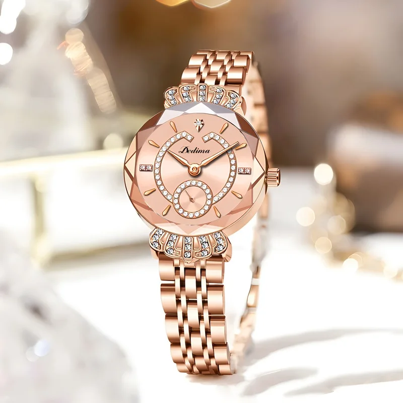 Fashion Women's  Quartz Watches Crown Diamond Embellished Wrist Watch Solid Steel Strap Butterfly Clasp Waterproof Ladies Watch