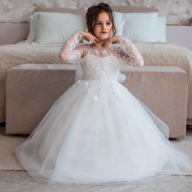 

Flower Girl Dresses White Tulle Flory Pattern With Tailing And Bow Long Sleeve For Wedding Birthday Party First Communion Gowns