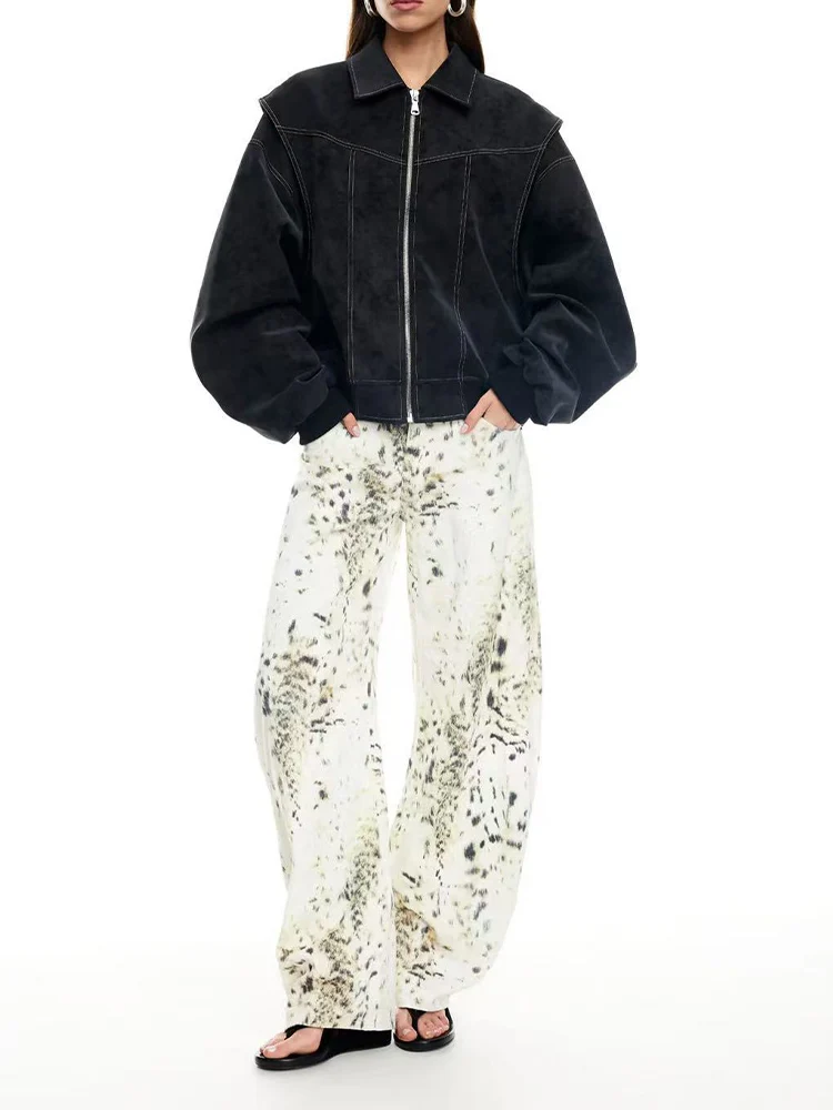 

European-style new women's fashionable and versatile long-sleeved lapel bomber-style leather jacket.