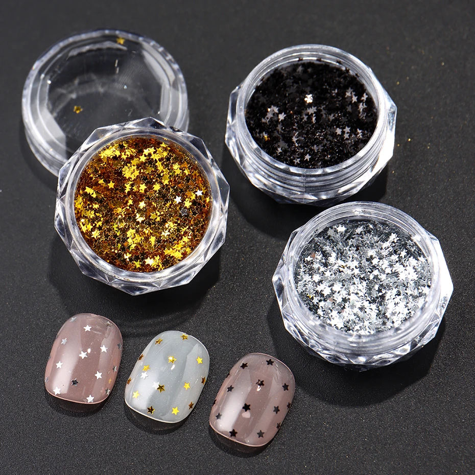 3 pezzi Y2K piccola stella glitter fiocchi per unghie dorato argentato nero piccolo mini pentagramma per unghie Seqiuns Kawaii coreano accessori per manicure