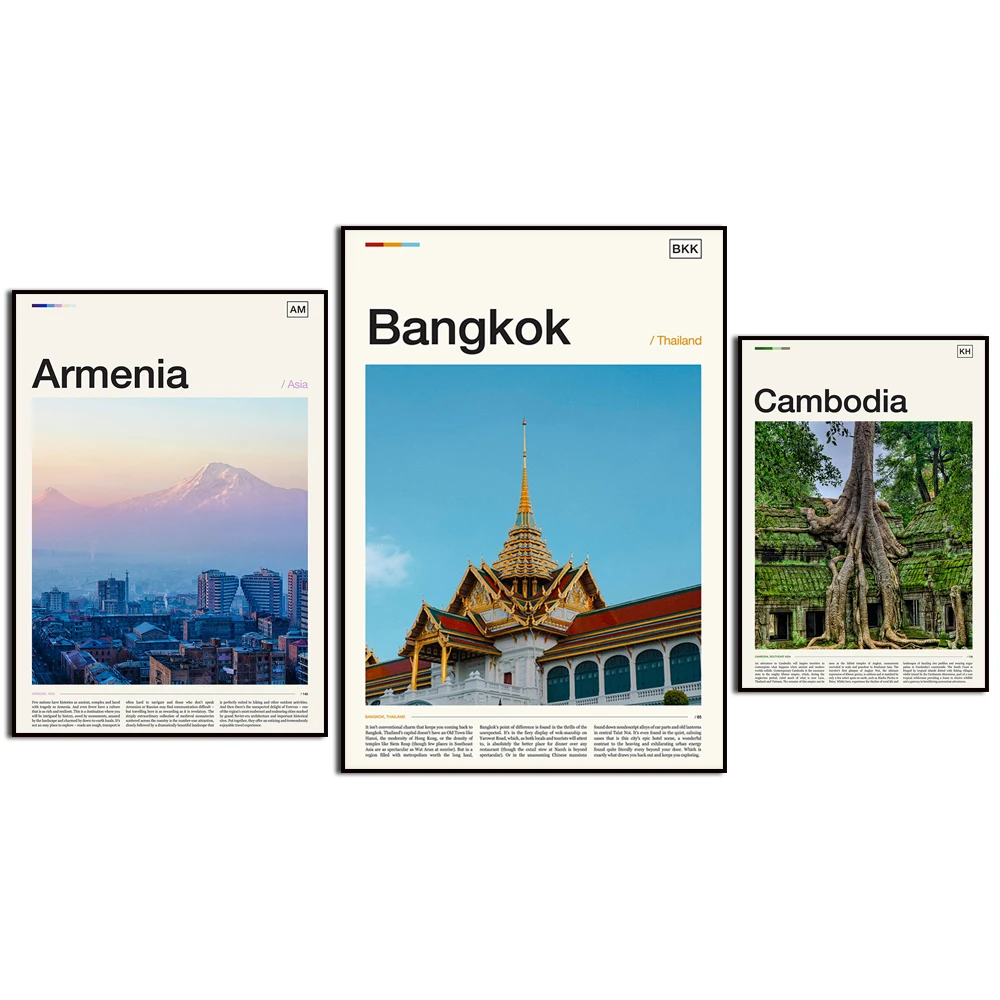 الفلبين كيوتو الهند تايبيه كمبوديا بانكوك بكين أرمينيا. مشهد السفر في المدينة. ديكور جدران المنزل ملصق فني