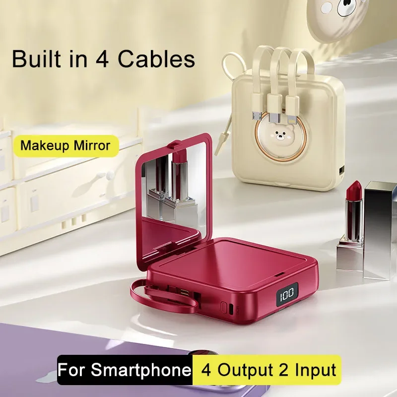 20000mAh Mini Power Bank Portable Charger Built in 4 Cables Makeup Mirror Powerbank External Battery Pack for Mobile Phones