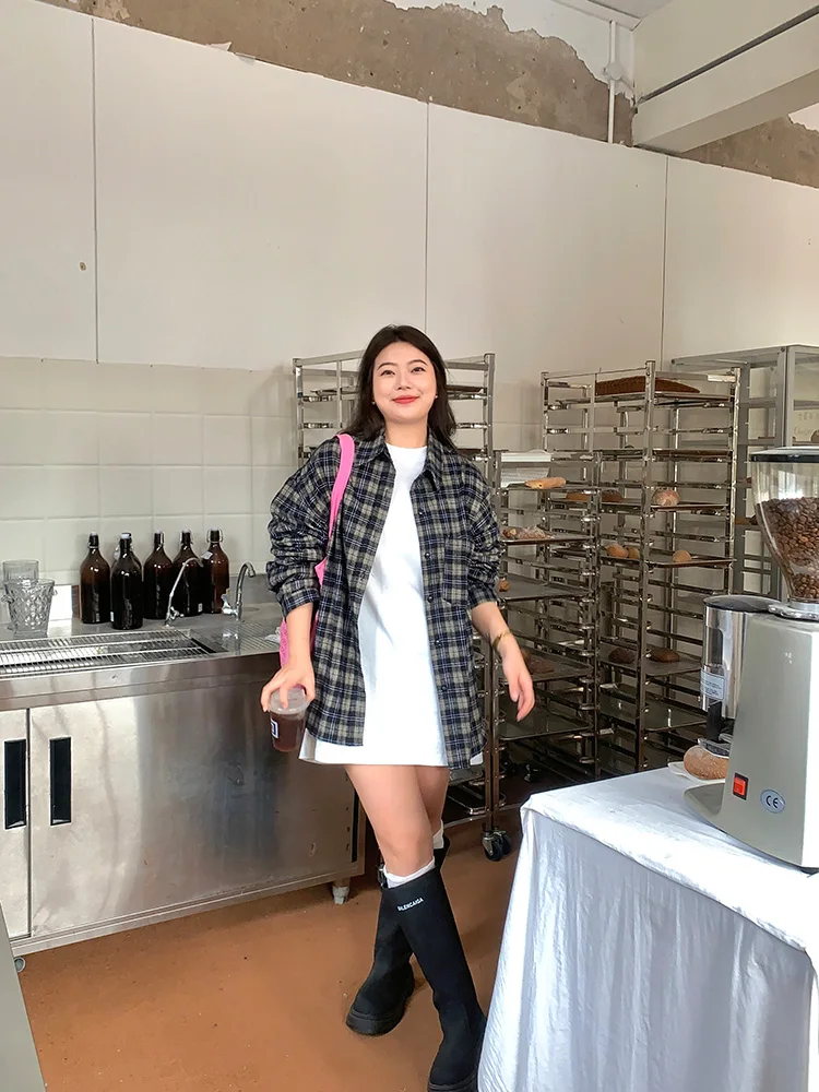 

Lin Da Hui Vintage Plaid irt Women's Casual Loose Slimming Long Sve Top Korean Sle Commute Pure Color Zipper ket