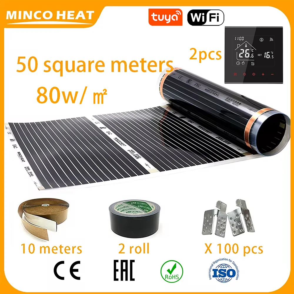 Minco Heat Infrared Energy Saving Underfloor Warming Heating Mat 50㎡ 80w/m2 Heating Film Kits with Floor Heating Thermostat