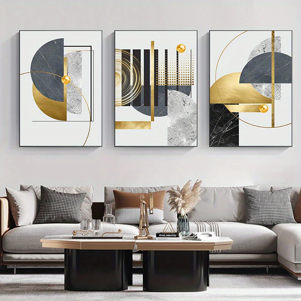 3PCS Abstract Golden Geometric Art Pattern Canvas Paintings Gold Foil Posters Modern Wall Pictures for Living Room Home Decor