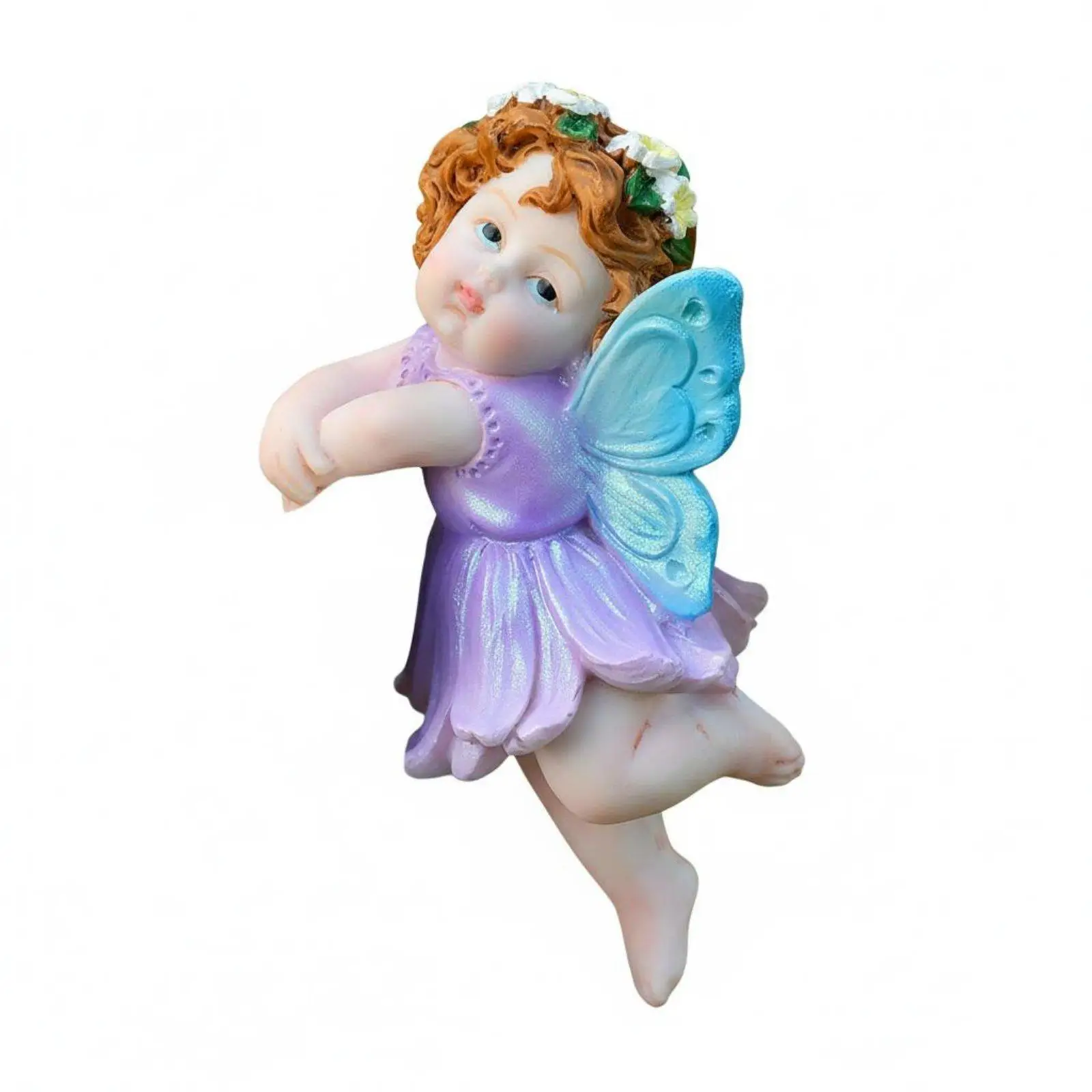 Garden fairy figurine, playful design, fairy hanging from a flower pot,