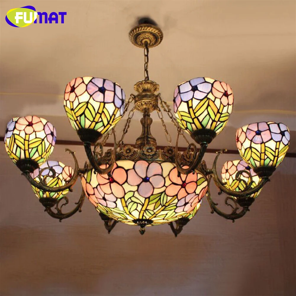 FUMAT Chandelier Flower Chandelier European Vintage Glass Lustre LED Light for Bar Cafe Living Room Resaturant Hanging Lamp