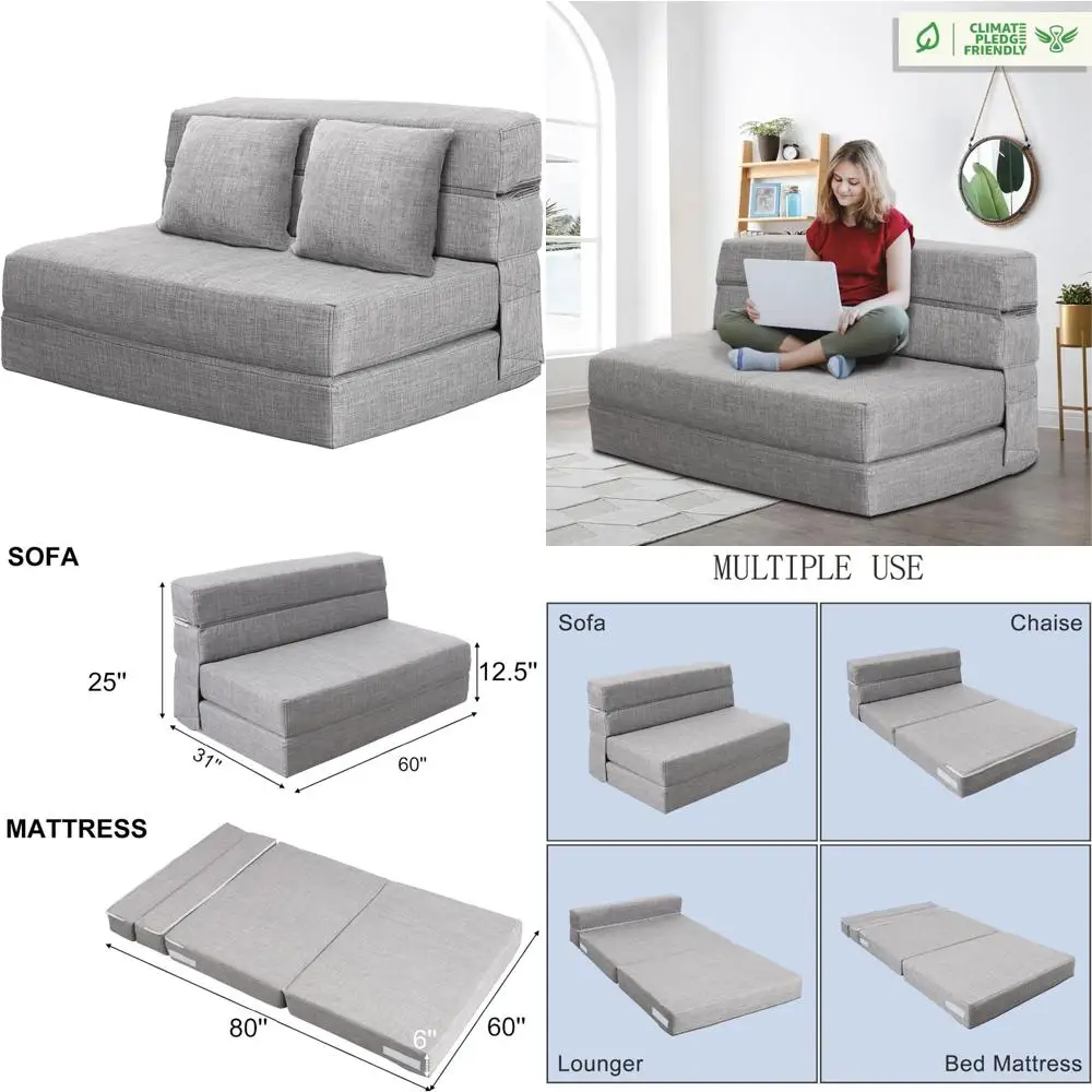 Queensize opvouwbare slaapstoel met traagschuim, wasbare lichtgrijze hoes en 2 kussens